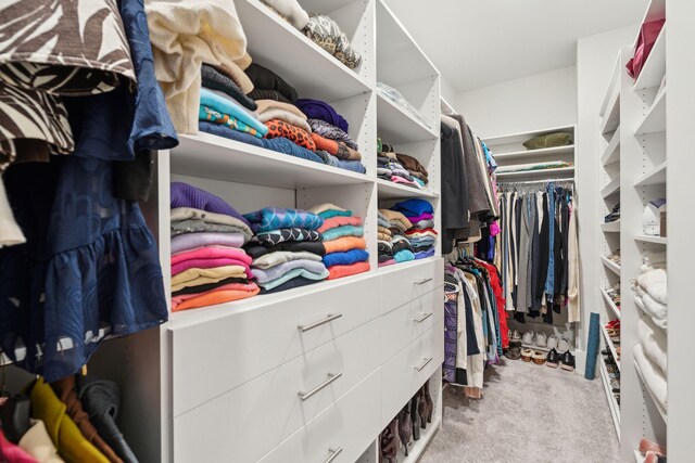 walk in closet featuring light carpet