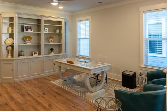 office area featuring crown molding, ceiling fan, and light wood-type flooring