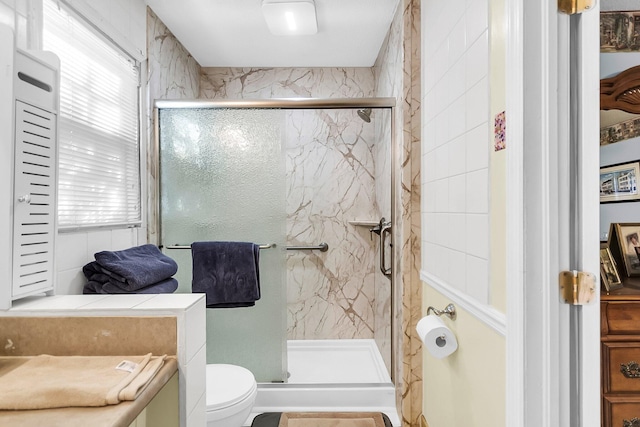 bathroom with walk in shower, plenty of natural light, and toilet