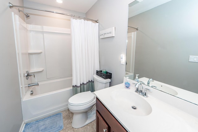 full bathroom with toilet, tile patterned flooring, shower / tub combo, and vanity