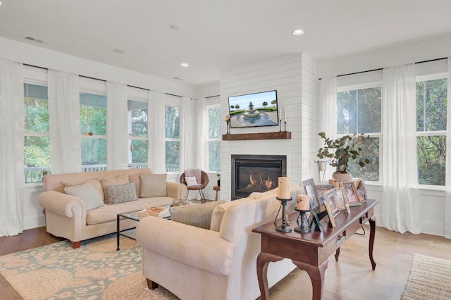 living room featuring hardwood / wood-style flooring, plenty of natural light, and a large fireplace