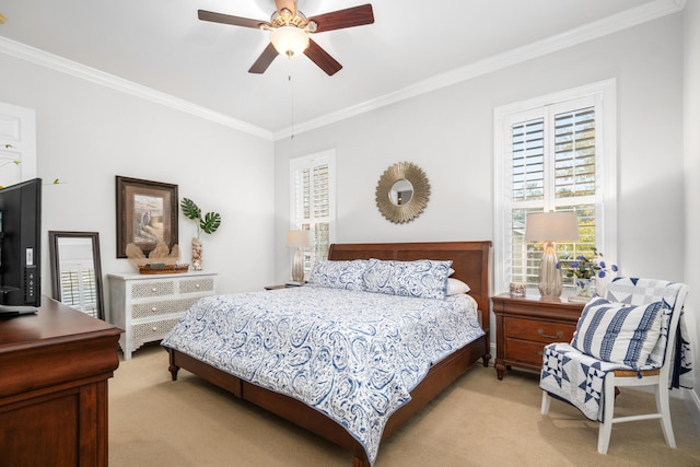 bedroom featuring light carpet, ceiling fan, and ornamental molding