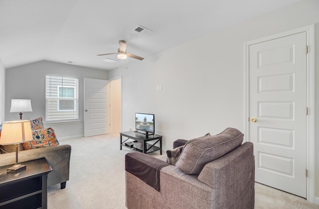 135 Cypress Preserve Blvd, Moncks Corner, SC 29461 - living area featuring light colored carpet, a ceiling fan, lofted ceiling, and baseboards