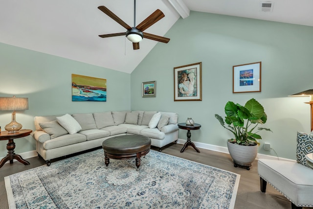 living room featuring beam ceiling, ceiling fan, high vaulted ceiling, and wood-type flooring