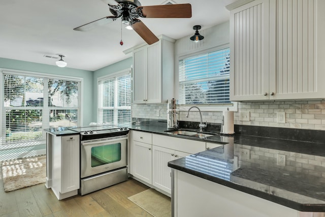 kitchen featuring kitchen peninsula, light wood-type flooring, sink, electric range, and white cabinets