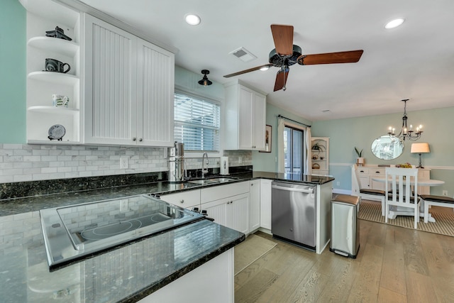 kitchen with dishwasher, white cabinets, light hardwood / wood-style flooring, and sink