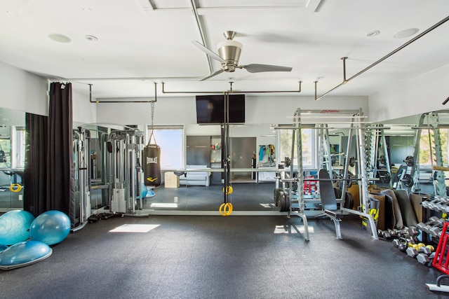 gym featuring ceiling fan and a healthy amount of sunlight