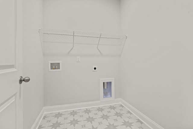 clothes washing area featuring laundry area, light floors, hookup for an electric dryer, washer hookup, and baseboards