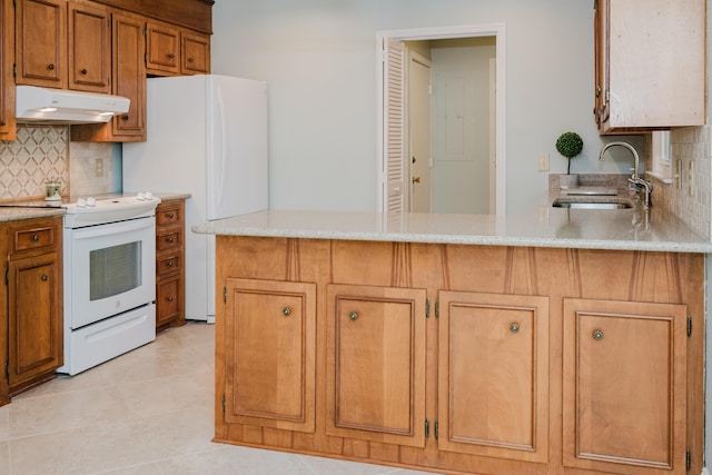 kitchen featuring sink, kitchen peninsula, white appliances, decorative backsplash, and light tile patterned flooring