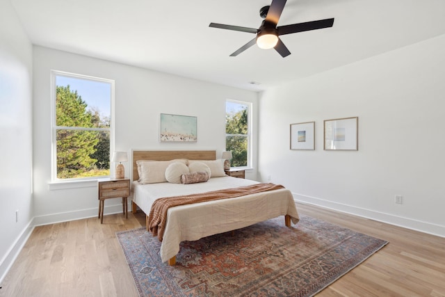 bedroom featuring light hardwood / wood-style floors and ceiling fan