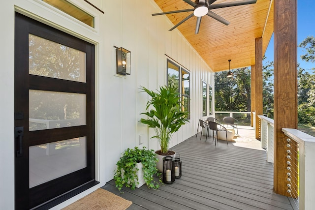 wooden deck featuring ceiling fan and covered porch