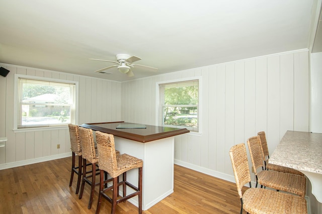 kitchen with a kitchen bar, ceiling fan, hardwood / wood-style floors, and plenty of natural light