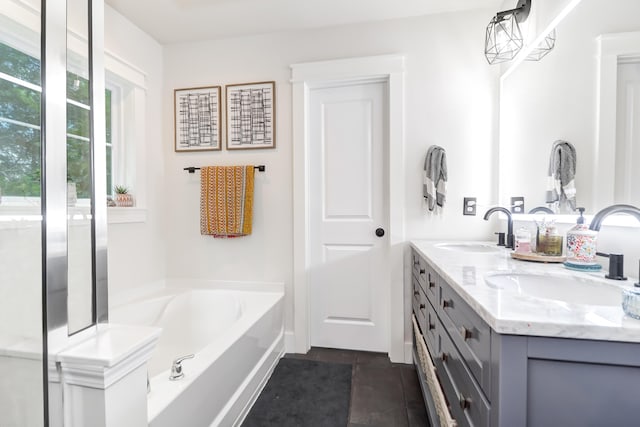 bathroom with a bathing tub and vanity