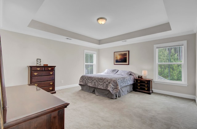 bedroom with light carpet, a raised ceiling, and multiple windows