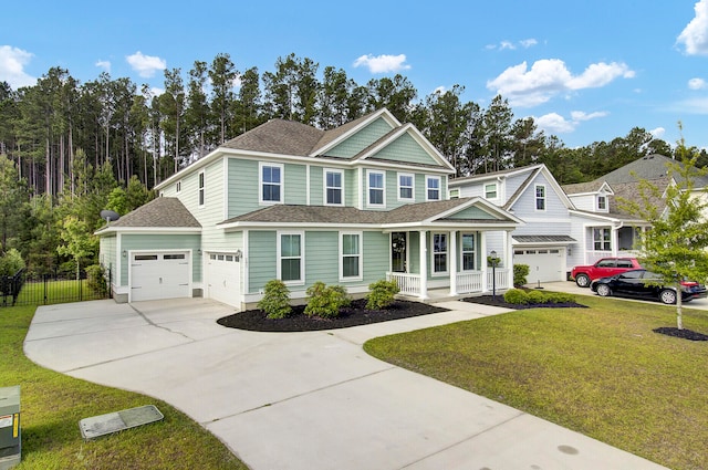 view of front of property featuring a garage, a porch, and a front lawn