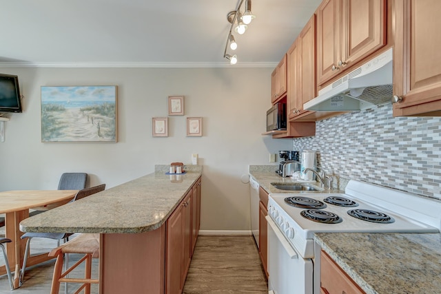 kitchen featuring a peninsula, under cabinet range hood, black microwave, a kitchen bar, and white electric range