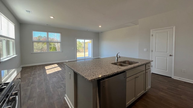158 Yarrow Way, Moncks Corner, SC 29461 - kitchen featuring dark wood-type flooring, a sink, light stone counters, visible vents, and dishwasher