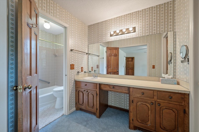 2912 Doncaster Dr, Charleston, SC 29414 - bathroom featuring bathtub / shower combination, wallpapered walls, vanity, toilet, and a textured ceiling