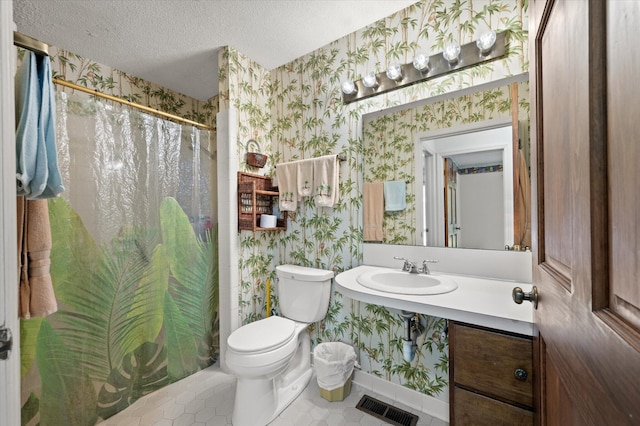 2912 Doncaster Dr, Charleston, SC 29414 - full bathroom featuring wallpapered walls, toilet, tile patterned flooring, a textured ceiling, and a sink