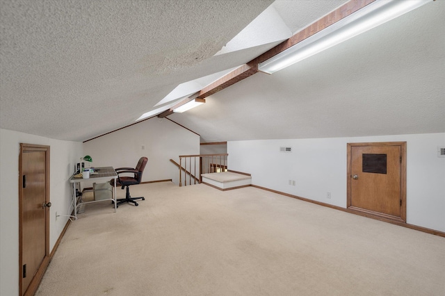 2912 Doncaster Dr, Charleston, SC 29414 - unfurnished office with light carpet, vaulted ceiling, baseboards, and a textured ceiling