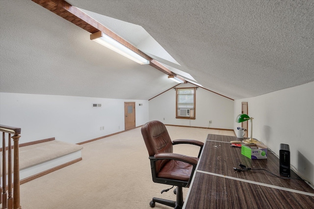 2912 Doncaster Dr, Charleston, SC 29414 - carpeted home office featuring vaulted ceiling, baseboards, a textured ceiling, and cooling unit