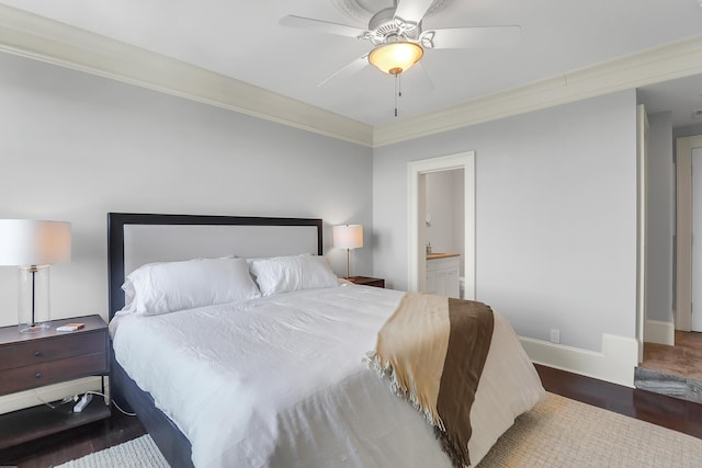 1 King Unit 702, Charleston, SC 29401 - bedroom with ornamental molding, wood finished floors, ensuite bathroom, and ceiling fan