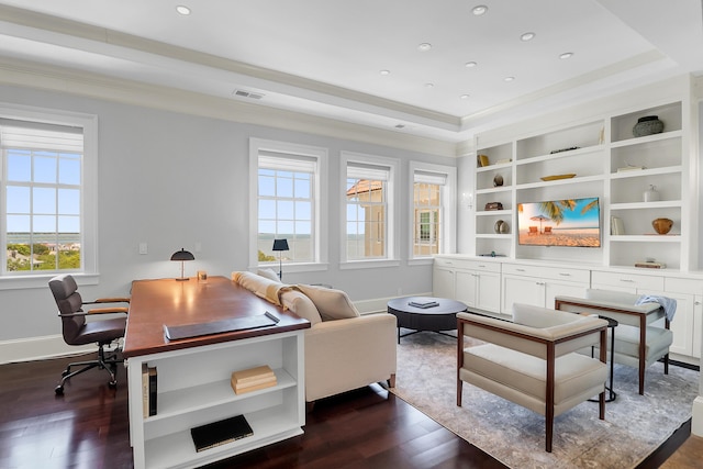 1 King Unit 702, Charleston, SC 29401 - office featuring dark wood-type flooring, a raised ceiling, ornamental molding, and recessed lighting