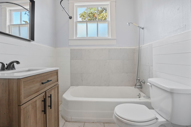 full bathroom featuring vanity, shower / washtub combination, toilet, and tile patterned floors