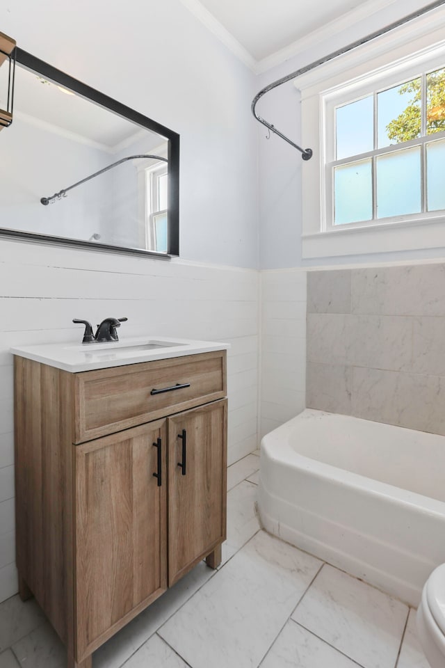 full bathroom featuring vanity, toilet, shower / bath combination, and ornamental molding