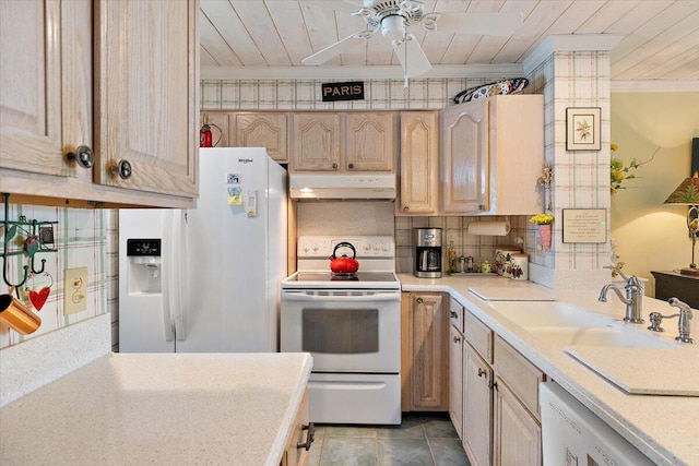 kitchen featuring light tile floors, light brown cabinetry, ceiling fan, white appliances, and sink