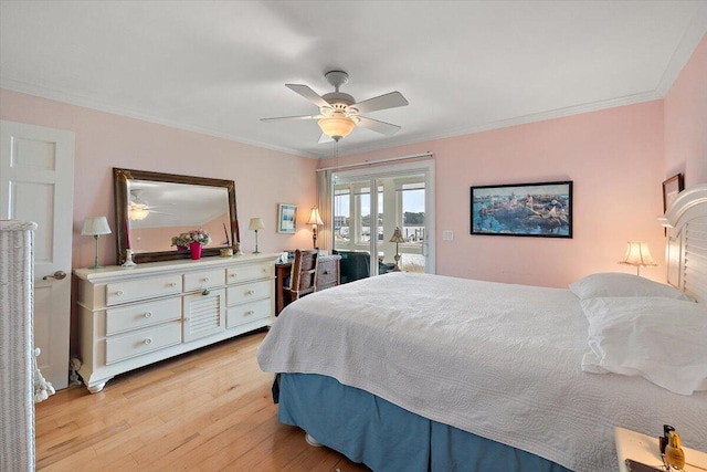 bedroom featuring ceiling fan, light hardwood / wood-style flooring, ornamental molding, and access to outside