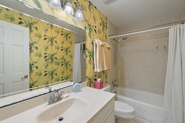 full bathroom featuring shower / bathtub combination with curtain, tile flooring, toilet, and vanity