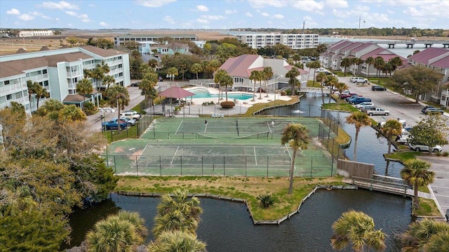 drone / aerial view with a water view