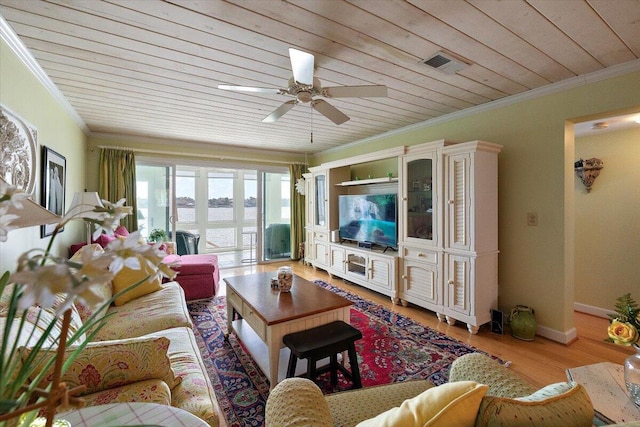 living room featuring ornamental molding, wooden ceiling, ceiling fan, and light hardwood / wood-style flooring