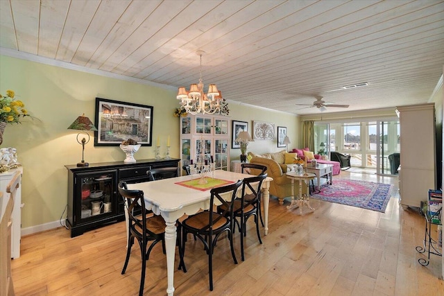 dining area with crown molding, wood ceiling, ceiling fan with notable chandelier, and light hardwood / wood-style flooring