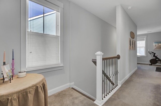 hall featuring light colored carpet