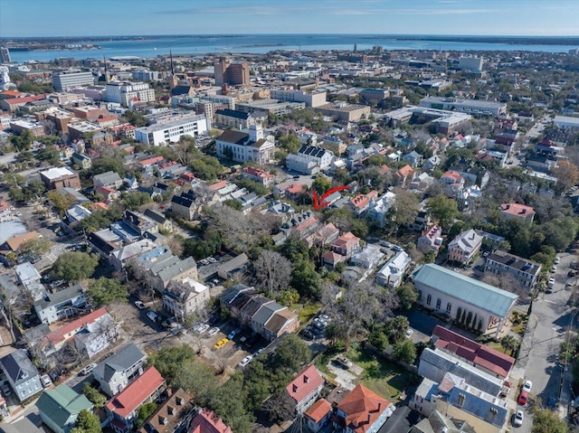 aerial view featuring a water view