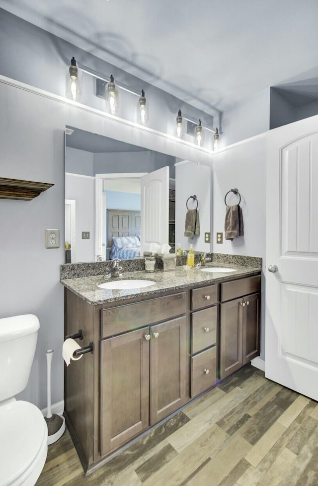 bathroom featuring vanity, toilet, and hardwood / wood-style floors