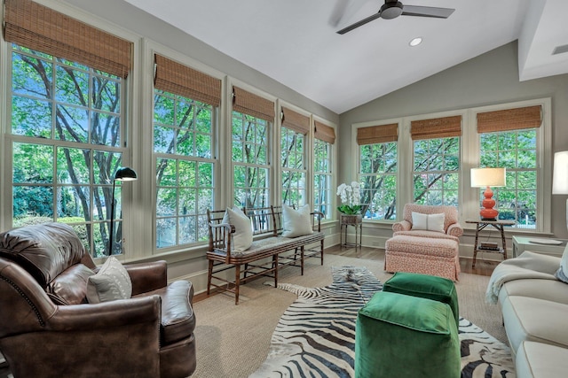 sunroom / solarium featuring vaulted ceiling and ceiling fan