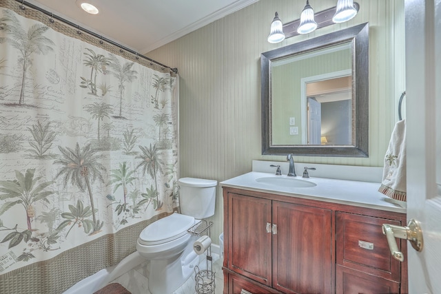 full bath with toilet, ornamental molding, vanity, and wallpapered walls