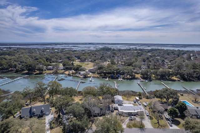 drone / aerial view featuring a water view