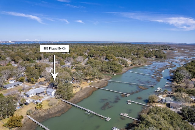 birds eye view of property featuring a water view and a forest view