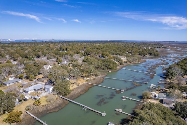 aerial view with a water view and a wooded view