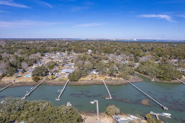 aerial view featuring a water view