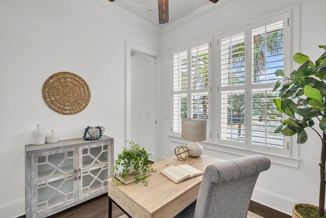 sitting room with ornamental molding and dark wood-type flooring