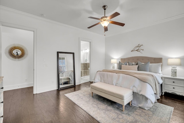 bedroom with ornamental molding, dark wood-type flooring, ceiling fan, and ensuite bathroom