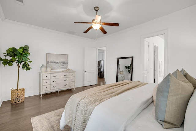 bedroom with ceiling fan, stainless steel fridge with ice dispenser, crown molding, and dark hardwood / wood-style floors