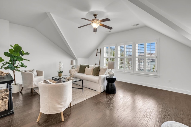 living room with ceiling fan, dark wood-type flooring, and lofted ceiling