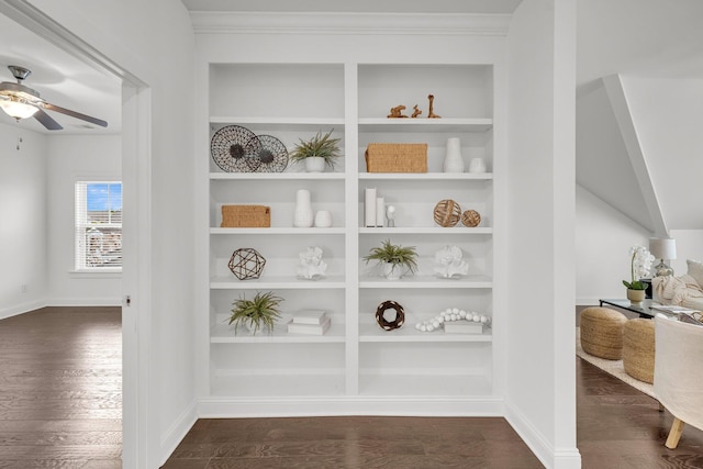 details featuring wood-type flooring, ceiling fan, and ornamental molding