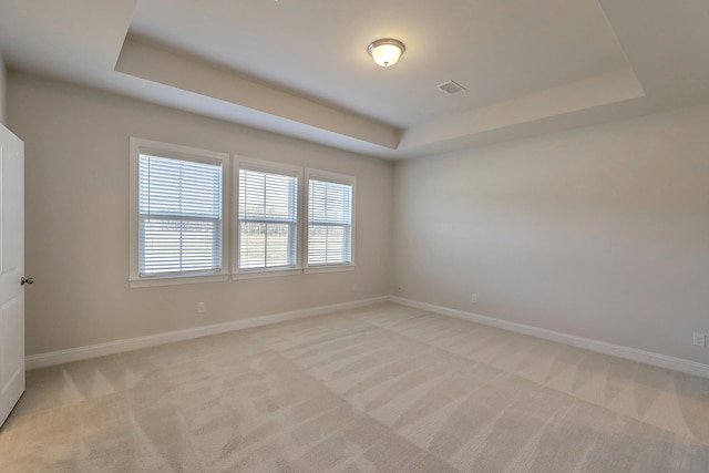 carpeted empty room with a raised ceiling